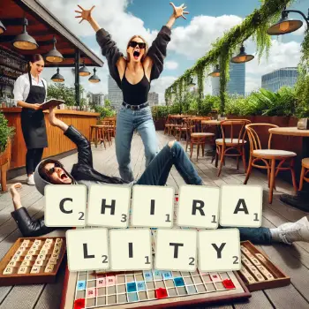 Creative illustration for a Scrabble game with the word CHIRALITY spelled out in tiles on the board.