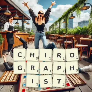 Creative illustration for a Scrabble game with the word CHIROGRAPHIST spelled out in tiles on the board.