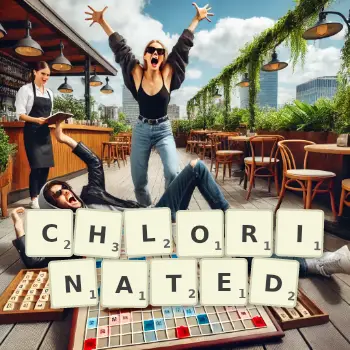Creative illustration for a Scrabble game with the word CHLORINATED spelled out in tiles on the board.
