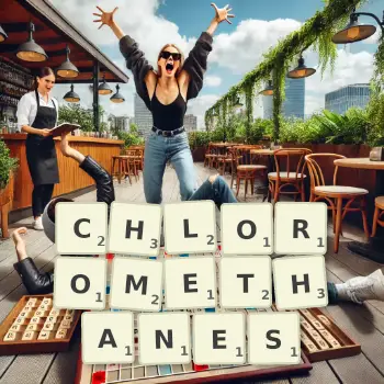 Creative illustration for a Scrabble game with the word CHLOROMETHANES spelled out in tiles on the board.