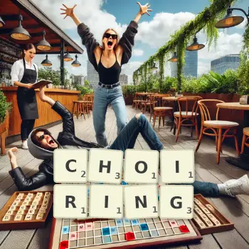 Creative illustration for a Scrabble game with the word CHOIRING spelled out in tiles on the board.