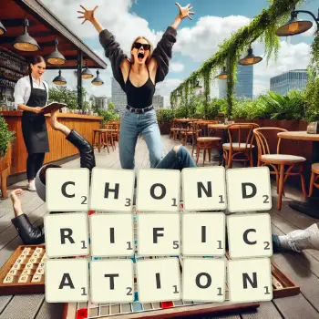 Creative illustration for a Scrabble game with the word CHONDRIFICATION spelled out in tiles on the board.