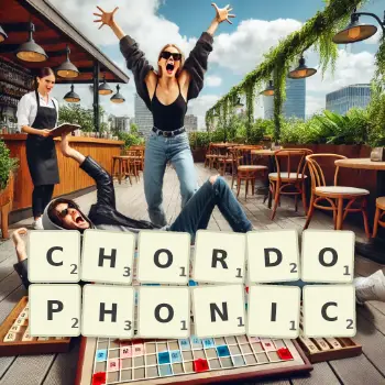 Creative illustration for a Scrabble game with the word CHORDOPHONIC spelled out in tiles on the board.