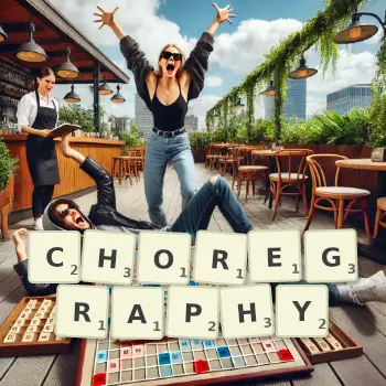 Creative illustration for a Scrabble game with the word CHOREGRAPHY spelled out in tiles on the board.