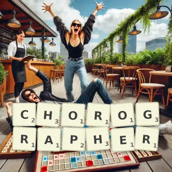Creative illustration for a Scrabble game with the word CHOROGRAPHER spelled out in tiles on the board.