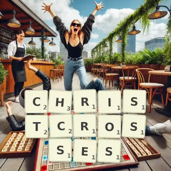 Creative illustration for a Scrabble game with the word CHRISTCROSSES spelled out in tiles on the board.