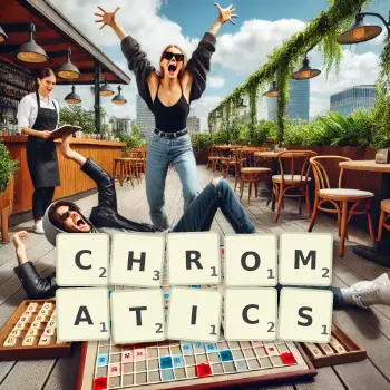 Creative illustration for a Scrabble game with the word CHROMATICS spelled out in tiles on the board.