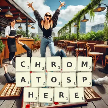 Creative illustration for a Scrabble game with the word CHROMATOSPHERE spelled out in tiles on the board.