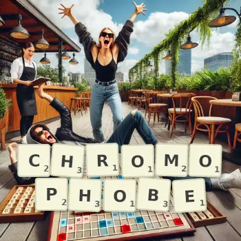 Creative illustration for a Scrabble game with the word CHROMOPHOBE spelled out in tiles on the board.
