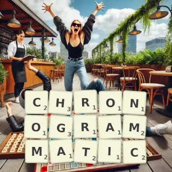 Creative illustration for a Scrabble game with the word CHRONOGRAMMATIC spelled out in tiles on the board.