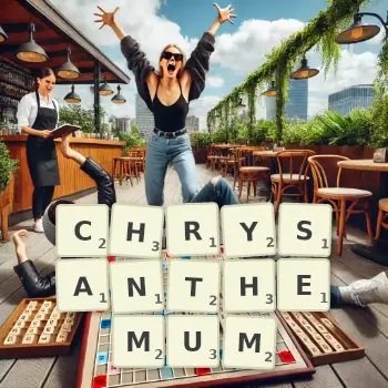 Creative illustration for a Scrabble game with the word CHRYSANTHEMUM spelled out in tiles on the board.