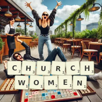Creative illustration for a Scrabble game with the word CHURCHWOMEN spelled out in tiles on the board.