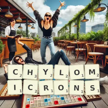 Creative illustration for a Scrabble game with the word CHYLOMICRONS spelled out in tiles on the board.