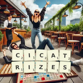 Creative illustration for a Scrabble game with the word CICATRIZES spelled out in tiles on the board.