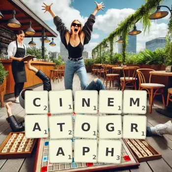 Creative illustration for a Scrabble game with the word CINEMATOGRAPH spelled out in tiles on the board.