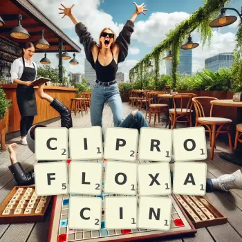 Creative illustration for a Scrabble game with the word CIPROFLOXACIN spelled out in tiles on the board.