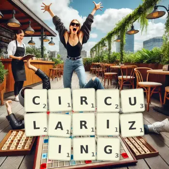 Creative illustration for a Scrabble game with the word CIRCULARIZING spelled out in tiles on the board.