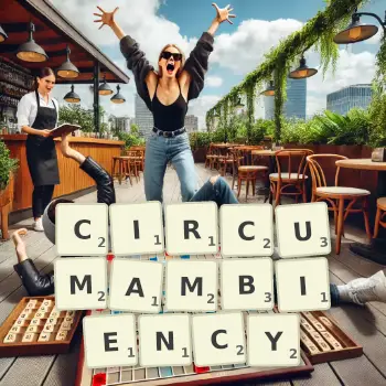 Creative illustration for a Scrabble game with the word CIRCUMAMBIENCY spelled out in tiles on the board.