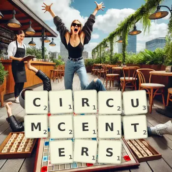 Creative illustration for a Scrabble game with the word CIRCUMCENTERS spelled out in tiles on the board.