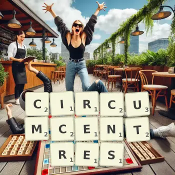Creative illustration for a Scrabble game with the word CIRCUMCENTRES spelled out in tiles on the board.