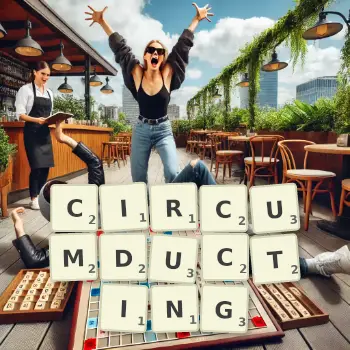 Creative illustration for a Scrabble game with the word CIRCUMDUCTING spelled out in tiles on the board.