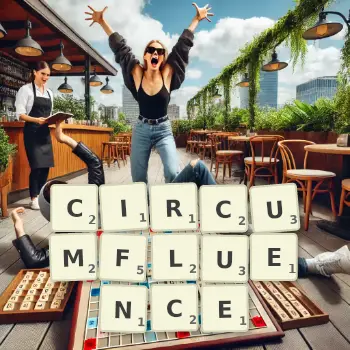 Creative illustration for a Scrabble game with the word CIRCUMFLUENCE spelled out in tiles on the board.
