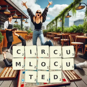 Creative illustration for a Scrabble game with the word CIRCUMLOCUTED spelled out in tiles on the board.