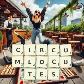 Creative illustration for a Scrabble game with the word CIRCUMLOCUTES spelled out in tiles on the board.