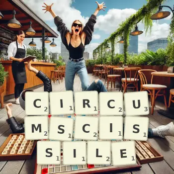 Creative illustration for a Scrabble game with the word CIRCUMSCISSILE spelled out in tiles on the board.