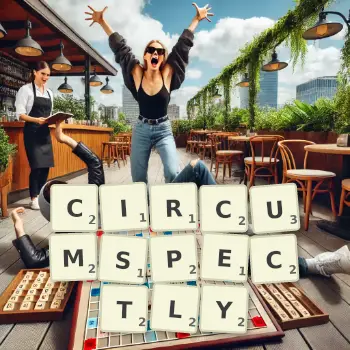 Creative illustration for a Scrabble game with the word CIRCUMSPECTLY spelled out in tiles on the board.