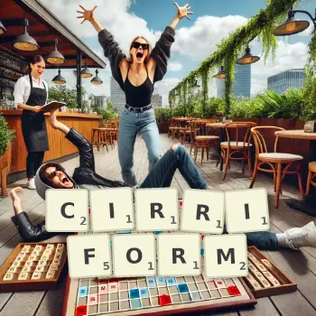 Creative illustration for a Scrabble game with the word CIRRIFORM spelled out in tiles on the board.