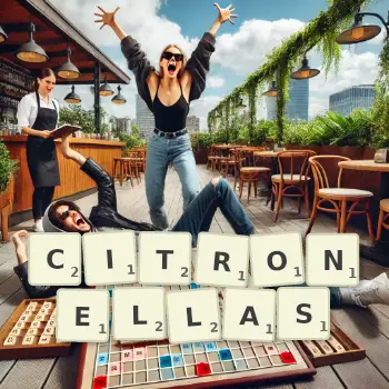 Creative illustration for a Scrabble game with the word CITRONELLAS spelled out in tiles on the board.