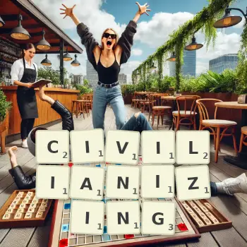 Creative illustration for a Scrabble game with the word CIVILIANIZING spelled out in tiles on the board.