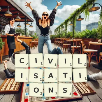 Creative illustration for a Scrabble game with the word CIVILISATIONS spelled out in tiles on the board.