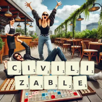Creative illustration for a Scrabble game with the word CIVILIZABLE spelled out in tiles on the board.