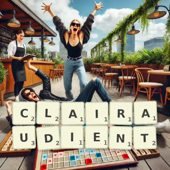 Creative illustration for a Scrabble game with the word CLAIRAUDIENT spelled out in tiles on the board.