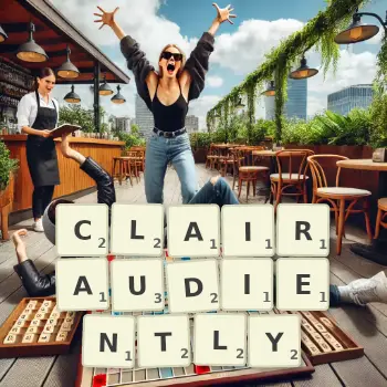 Creative illustration for a Scrabble game with the word CLAIRAUDIENTLY spelled out in tiles on the board.