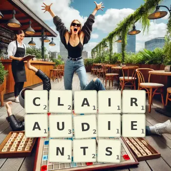 Creative illustration for a Scrabble game with the word CLAIRAUDIENTS spelled out in tiles on the board.