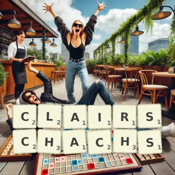 Creative illustration for a Scrabble game with the word CLAIRSCHACHS spelled out in tiles on the board.