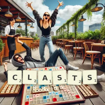 Creative illustration for a Scrabble game with the word CLASTS spelled out in tiles on the board.