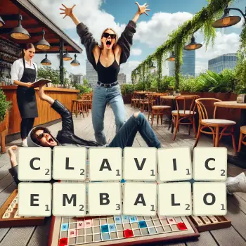 Creative illustration for a Scrabble game with the word CLAVICEMBALO spelled out in tiles on the board.