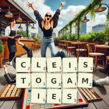 Creative illustration for a Scrabble game with the word CLEISTOGAMIES spelled out in tiles on the board.