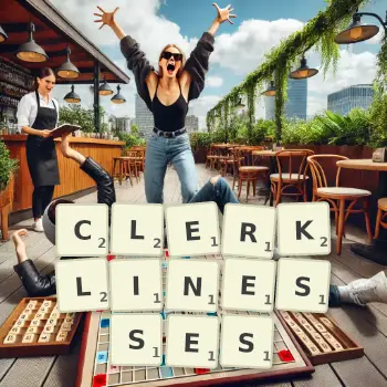Creative illustration for a Scrabble game with the word CLERKLINESSES spelled out in tiles on the board.
