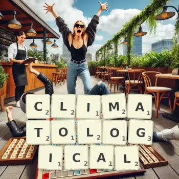 Creative illustration for a Scrabble game with the word CLIMATOLOGICAL spelled out in tiles on the board.