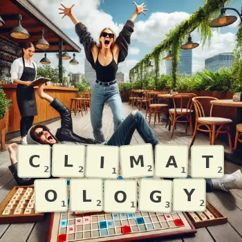 Creative illustration for a Scrabble game with the word CLIMATOLOGY spelled out in tiles on the board.