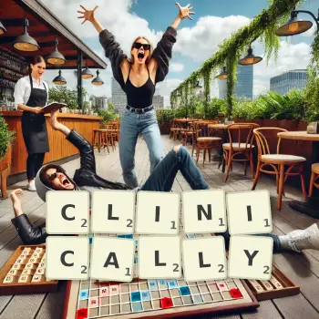 Creative illustration for a Scrabble game with the word CLINICALLY spelled out in tiles on the board.