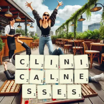 Creative illustration for a Scrabble game with the word CLINICALNESSES spelled out in tiles on the board.
