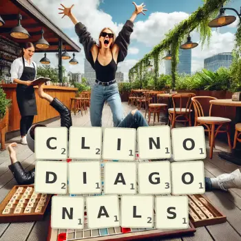 Creative illustration for a Scrabble game with the word CLINODIAGONALS spelled out in tiles on the board.