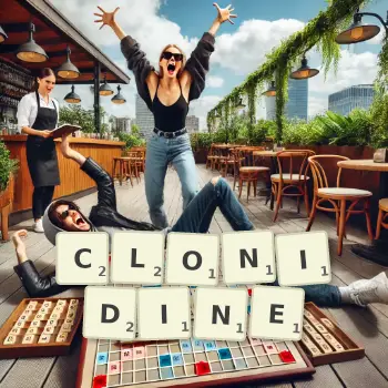 Creative illustration for a Scrabble game with the word CLONIDINE spelled out in tiles on the board.