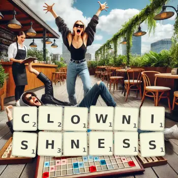 Creative illustration for a Scrabble game with the word CLOWNISHNESS spelled out in tiles on the board.
